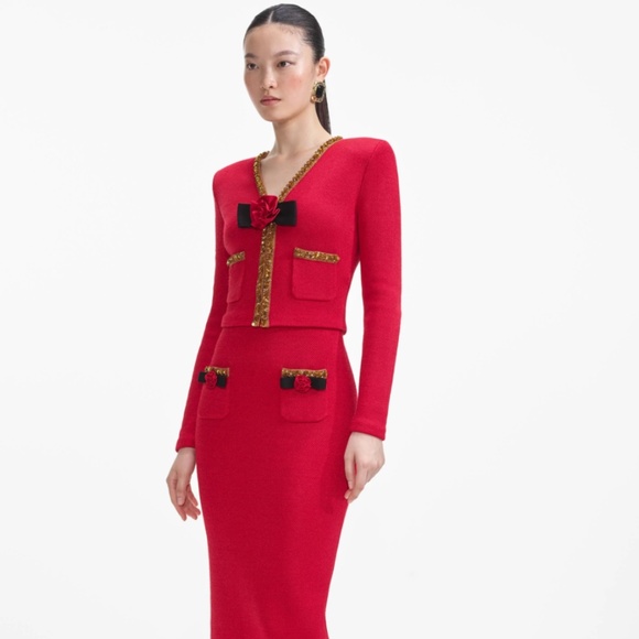 self-portrait Red Textured Knit Corsage Midi Skirt Size Small - MSRP $380 - NWT - Picture 2 of 8